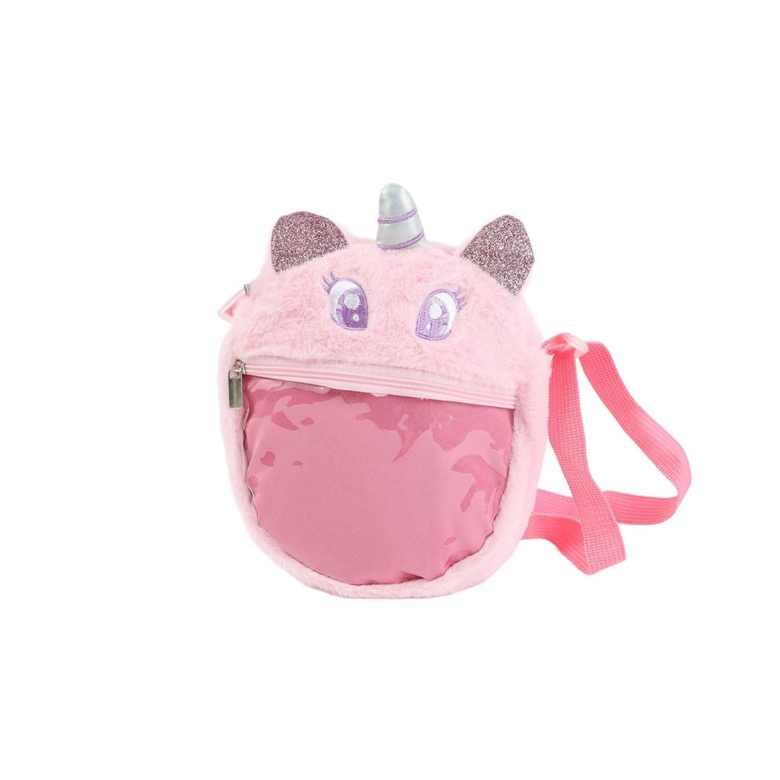 Fluffy pink kids satchel with unicorn horn, glittery ears, and adjustable strap