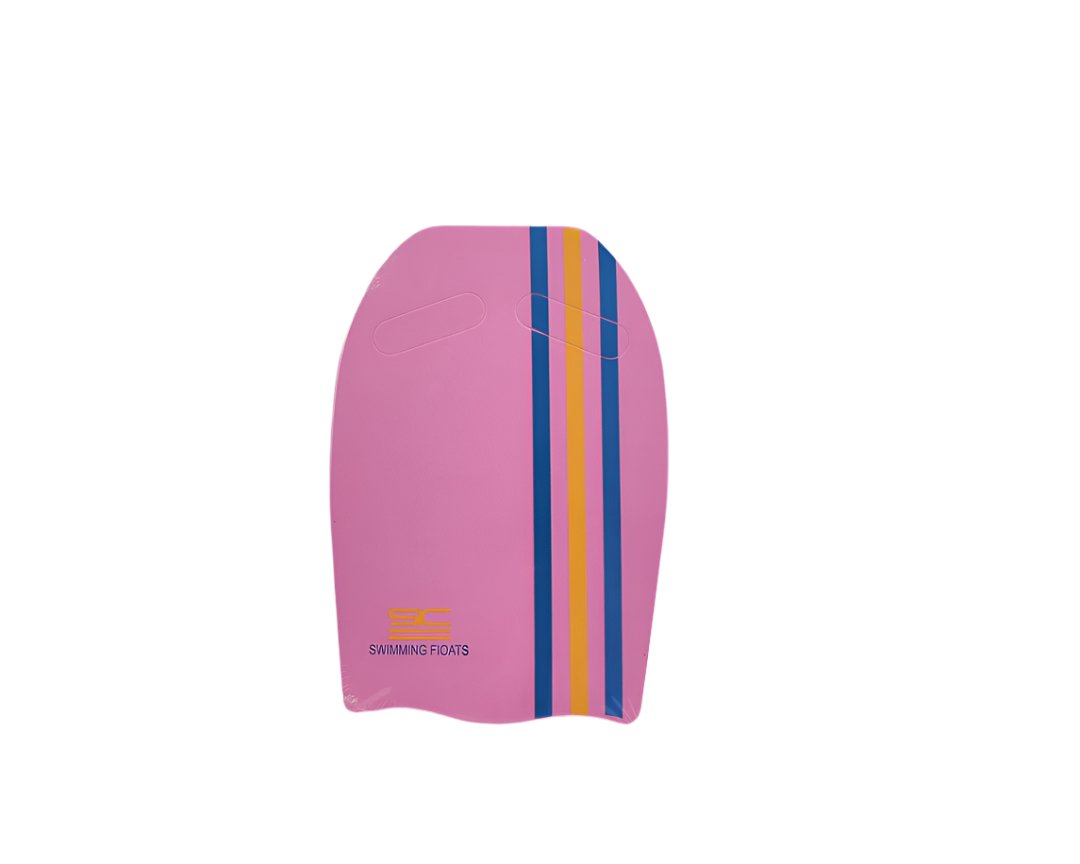 Pink swimming float with vertical multicolor stripe panel and logo detail