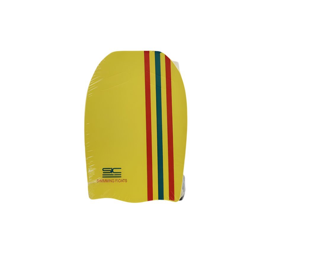 Yellow swimming float with vertical multicolor stripe panel and SC logo