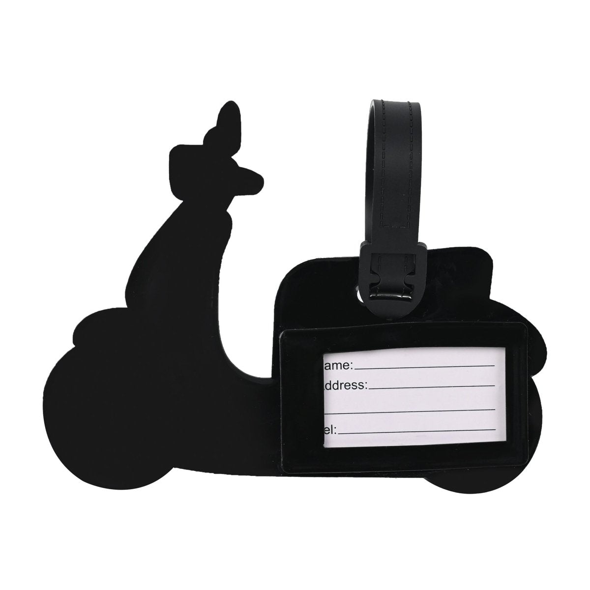 Black scooter luggage tag with label card pocket and blank name/address lines