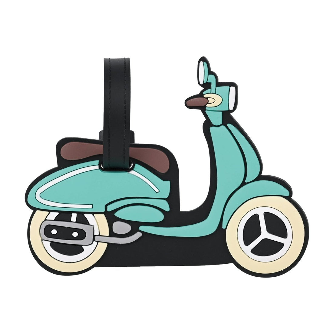 Scooter-shaped luggage tag with black strap and mint blue scooter graphic