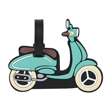 Scooter-shaped luggage tag with black strap and mint blue scooter graphic