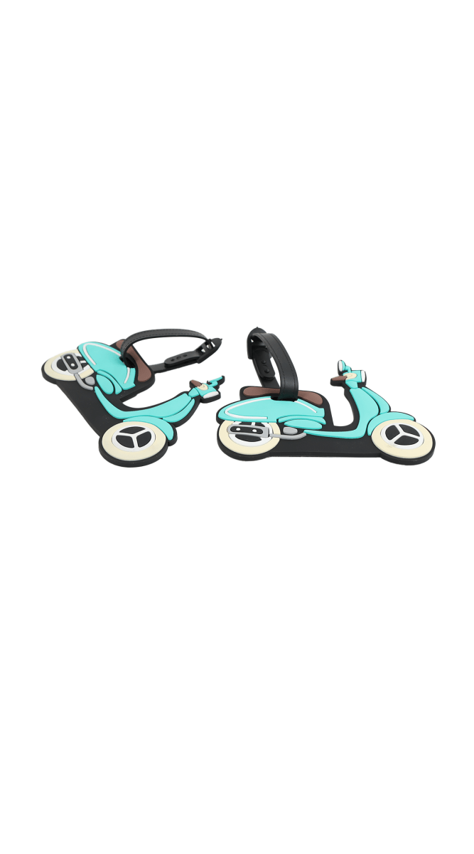 Scooter luggage tag with black strap on an angled teal scooter graphic