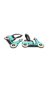 Scooter luggage tag with black strap on an angled teal scooter graphic