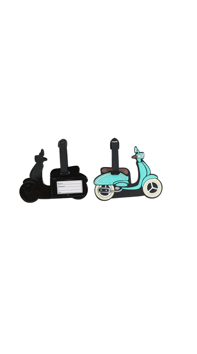 Scooter luggage tag set with black tag holder, blank label, and teal scooter tag