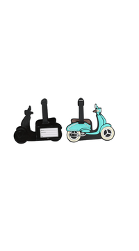 Scooter luggage tag set with black tag holder, blank label, and teal scooter tag