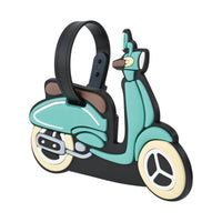 Scooter-shaped luggage tag with black loop strap and teal scooter graphic