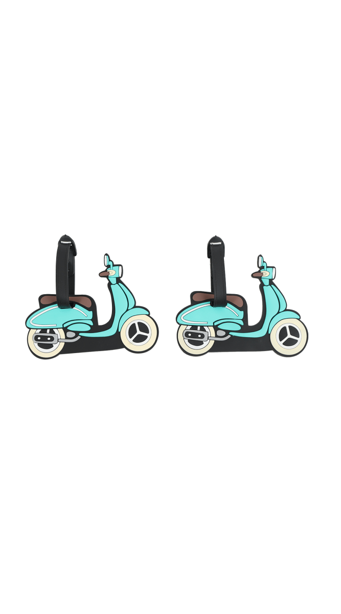 Two scooter luggage tags with black straps and teal mint scooter graphics