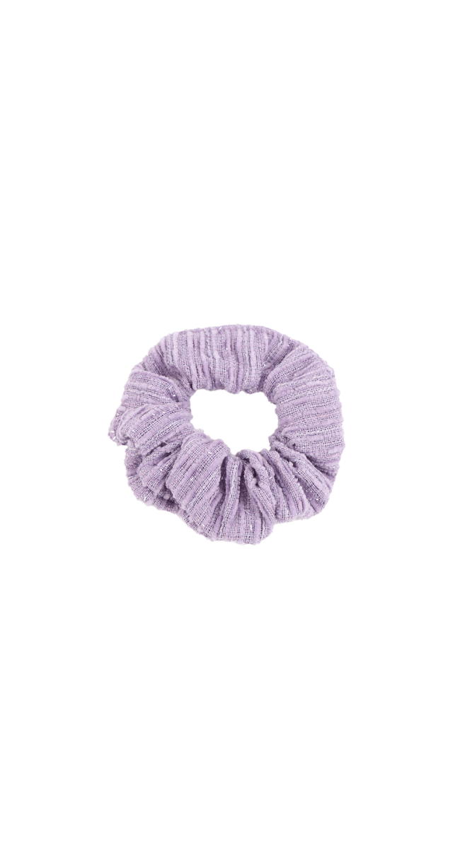 Woven hair scrunchie in lavender, gathered knit texture
