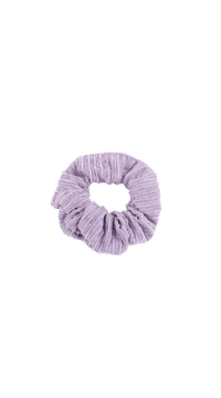 Woven hair scrunchie in lavender, gathered knit texture