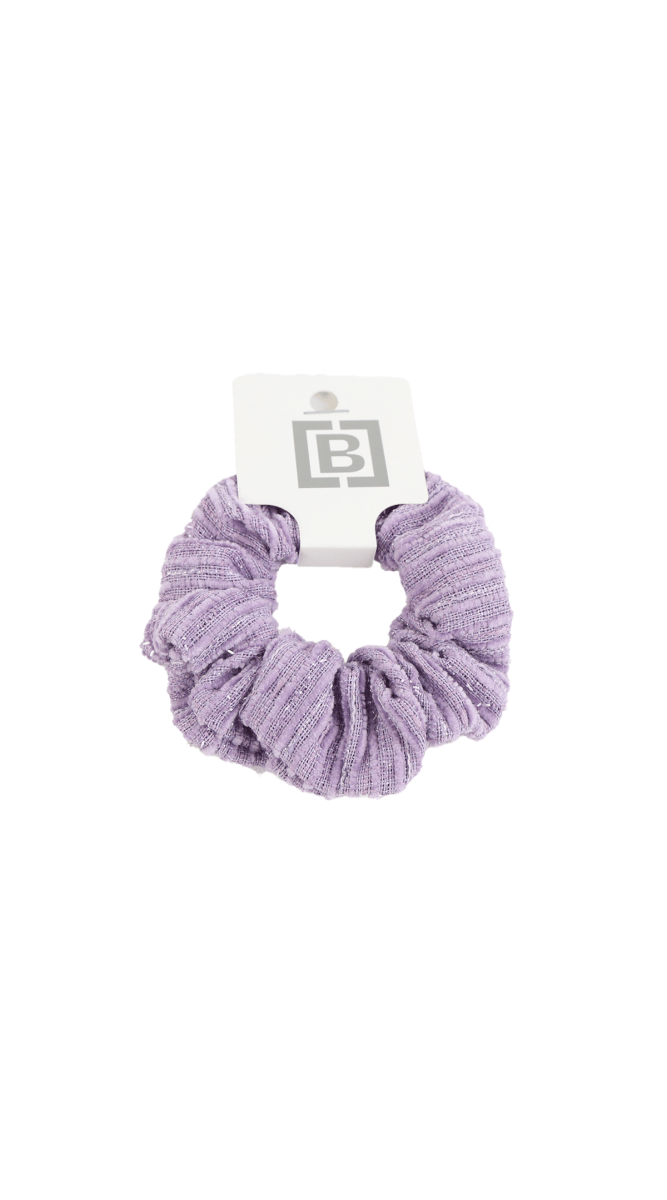 Woven hair scrunchie in lilac purple, gathered knit texture