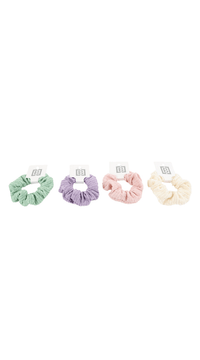 Set of woven hair scrunchies in mint, lilac, pink, and beige