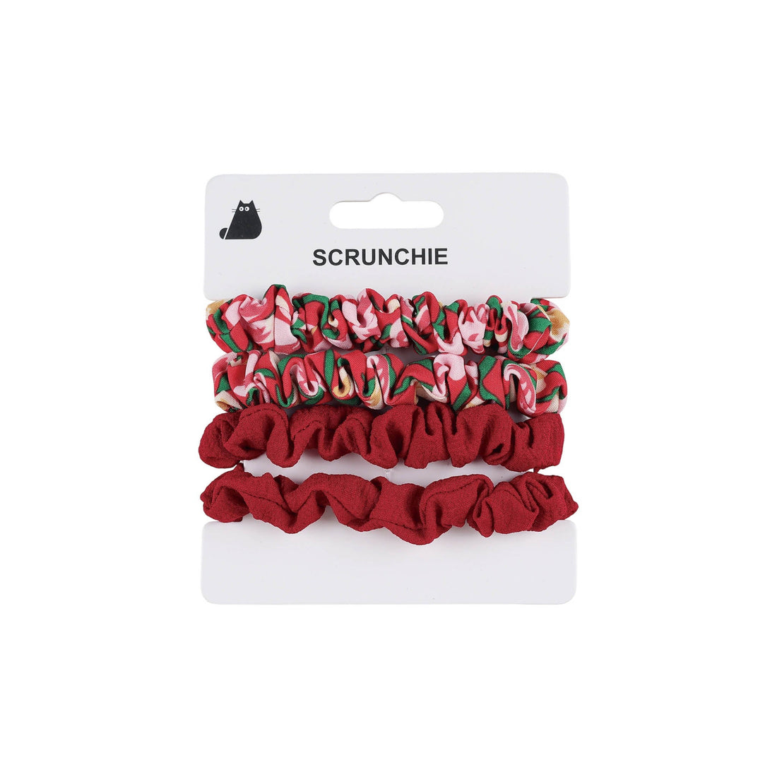 SCRUNCHIE scrunchies on card: red solid and red/pink/green striped pair