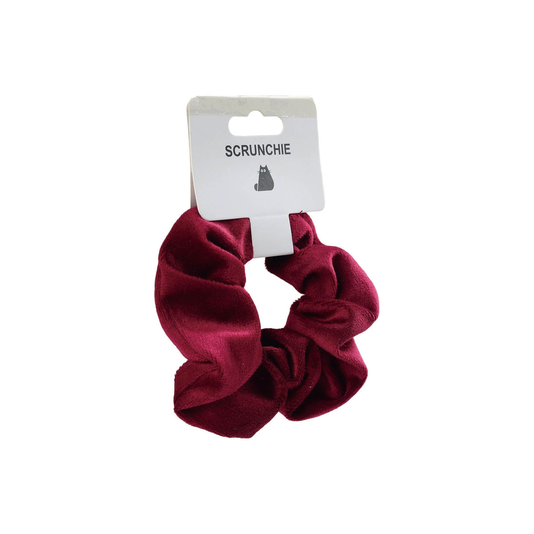 Burgundy velvet scrunchie with white branded card backing