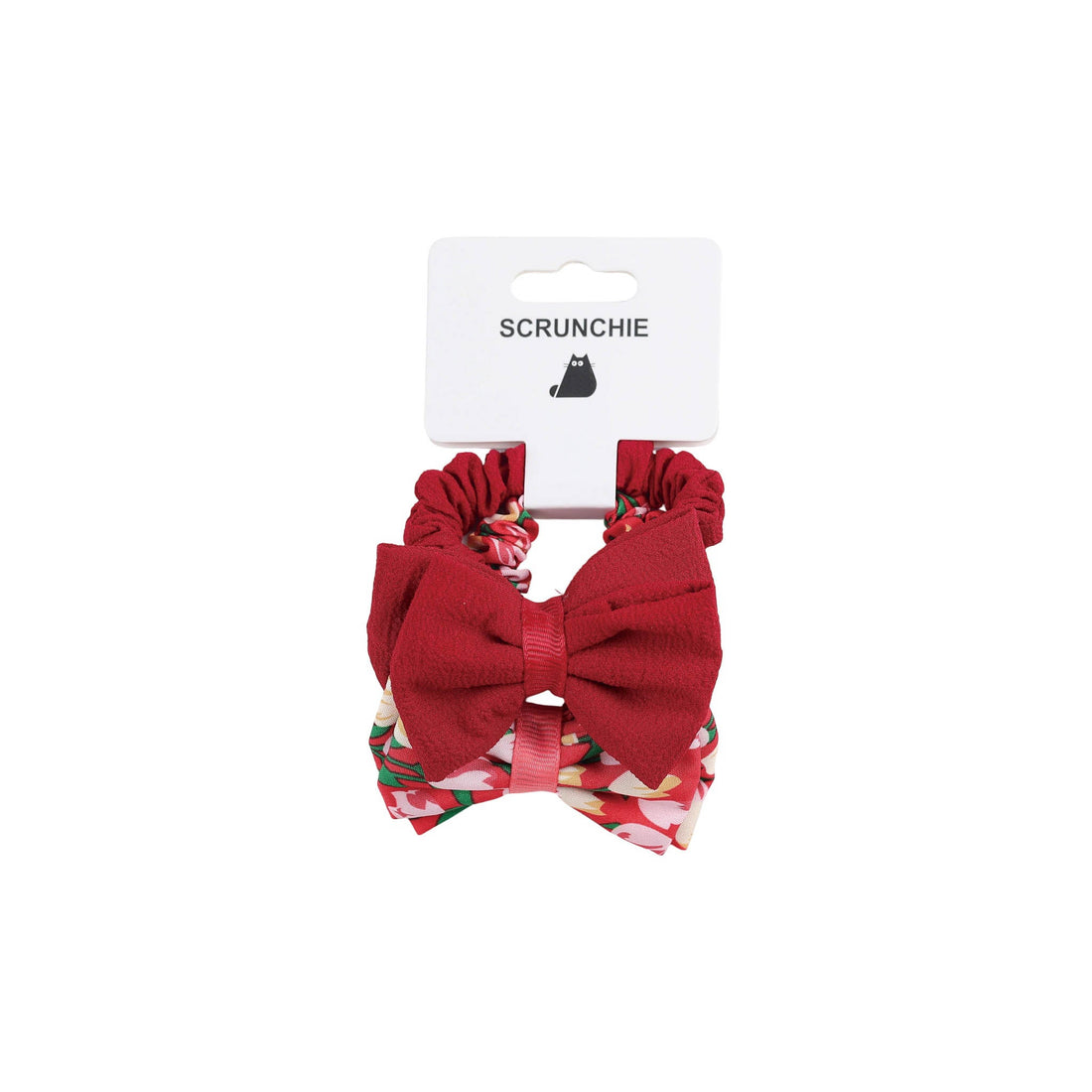 Red hair scrunchie with bow-like ruffles and green-and-pink floral lining