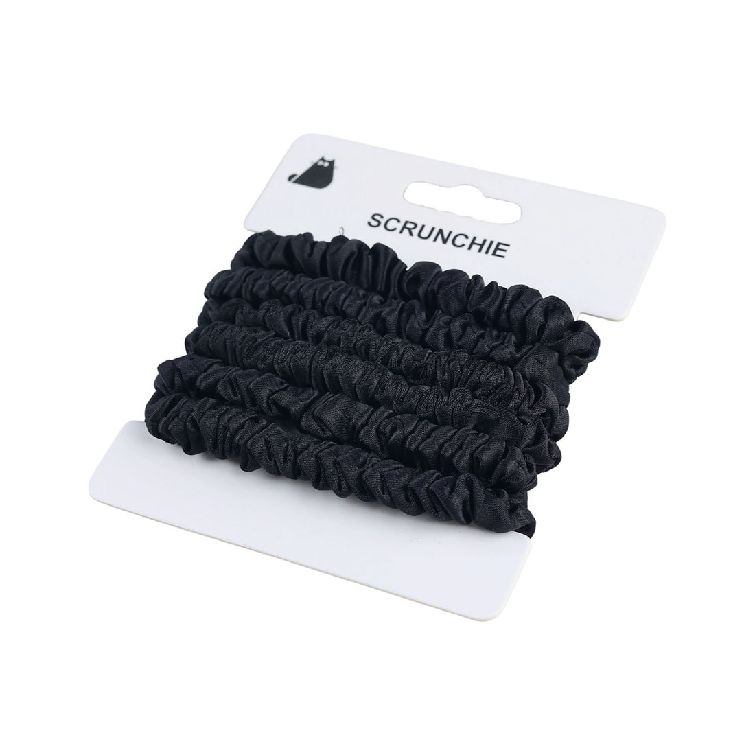 Black scrunchie hair ties set on retail card, folded stack