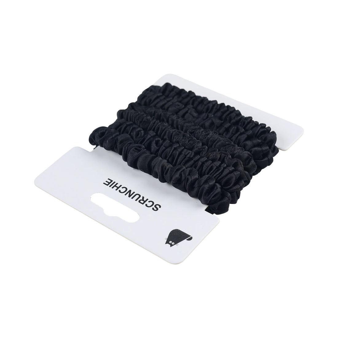 Black scrunchie hair ties set on retail card, side view