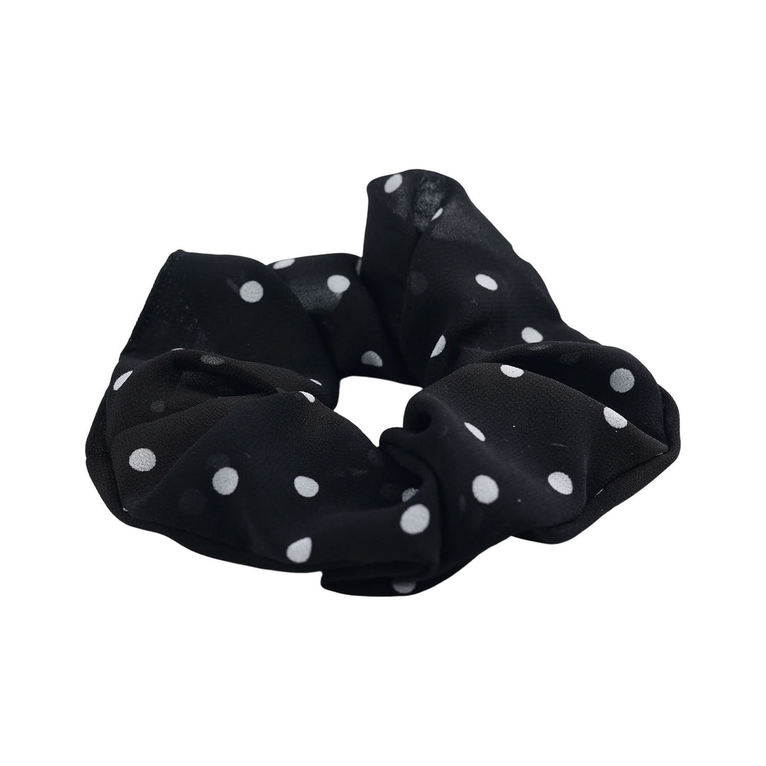 Black polka-dot fabric scrunchie with a gathered looped shape.