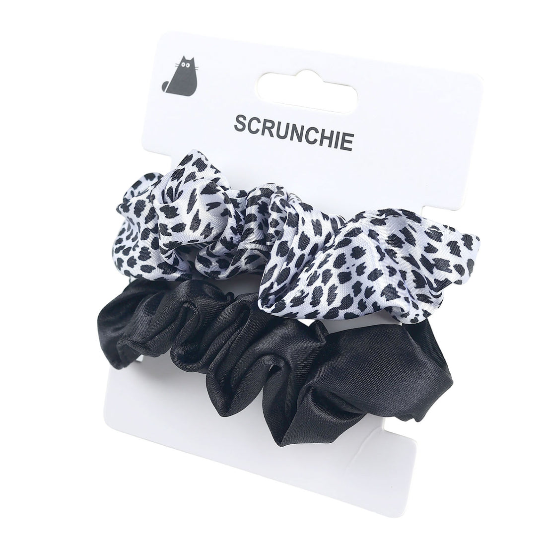 2-pack scrunchie set on card: leopard print and solid black hair ties