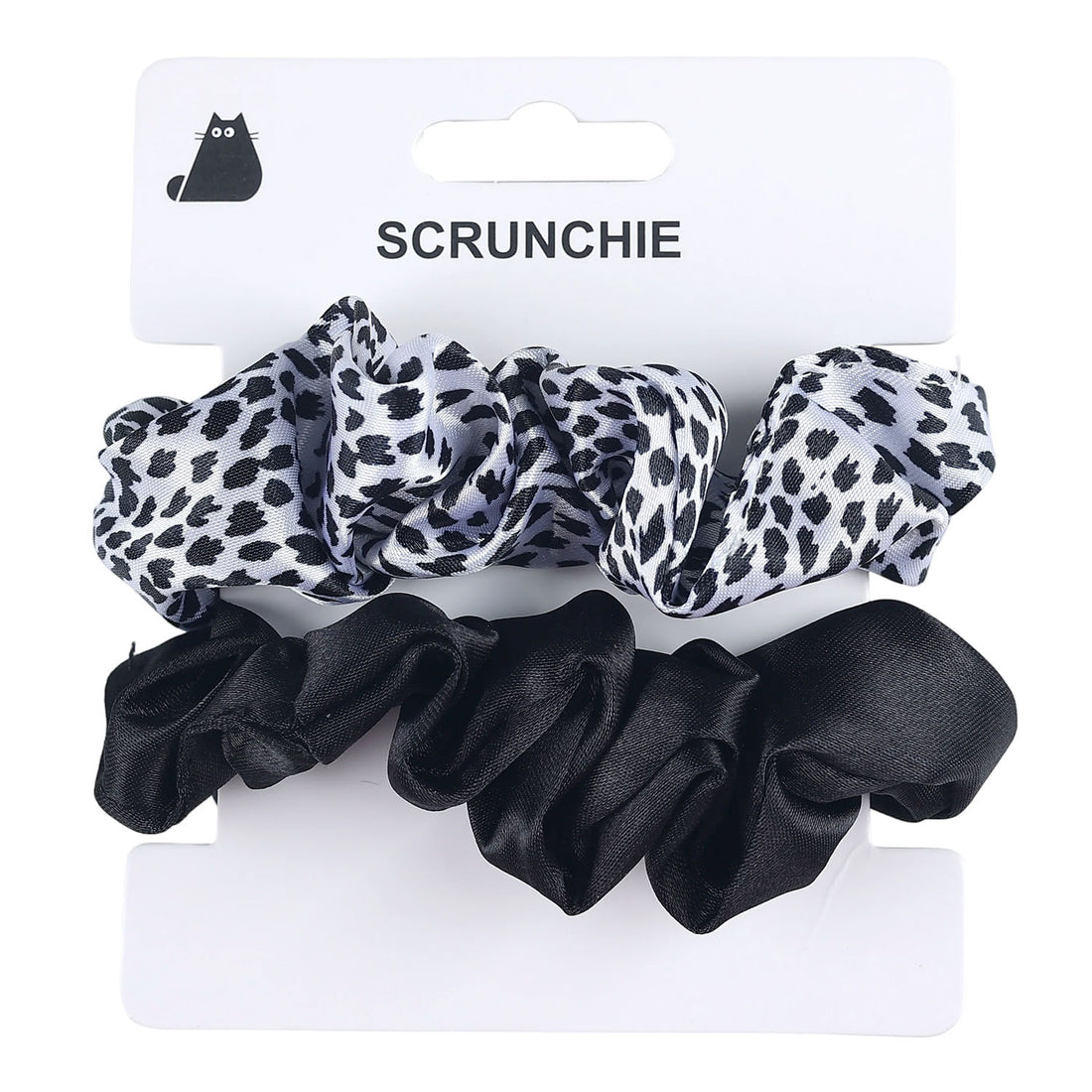 2-pack scrunchie set on card: leopard print scrunchie and black scrunchie pair