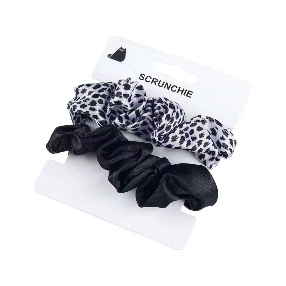 Scrunchie hair tie set with black satin and leopard print dotted scrunchies