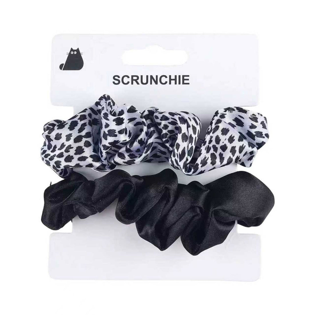 Set of scrunchie hair ties: one black satin and one leopard print dotted