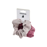 Scrunchie hair tie with light gray and mauve fabric folds