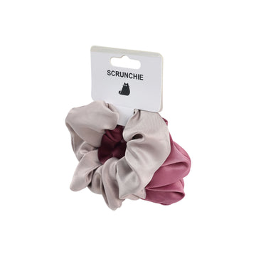 Scrunchie hair tie with light gray and mauve fabric folds