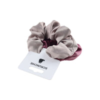 Scrunchie hair tie, light gray with mauve underside, on card