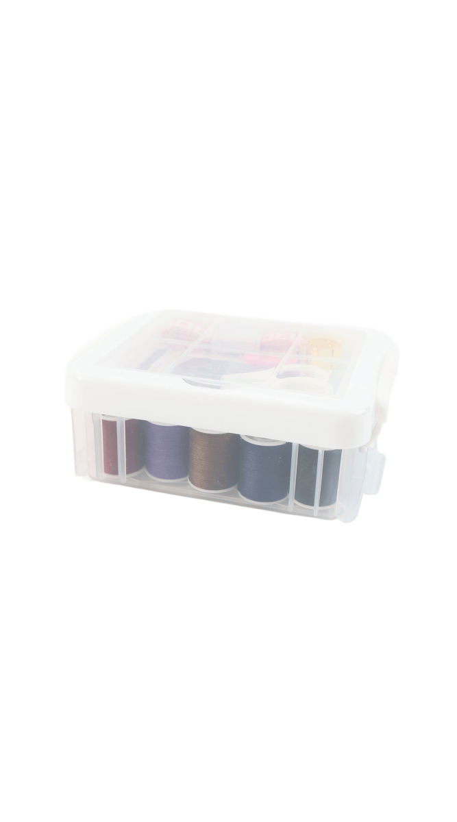 Sewing kit storage box with open lid, multicolor thread spools neatly arranged