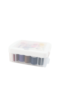 Sewing kit storage box with open lid, multicolor thread spools neatly arranged