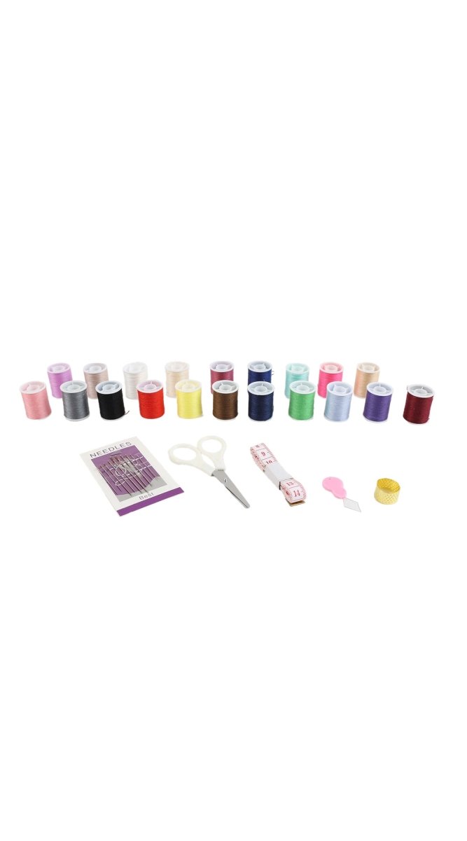 Sewing kit contents laid out: multicolor thread spools, scissors, needle cards, and clips