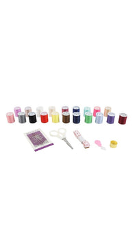 Sewing kit contents laid out: multicolor thread spools, scissors, needle cards, and clips