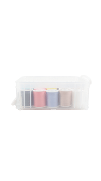 Sewing kit storage box with clear lid, pastel thread spools in individual compartments