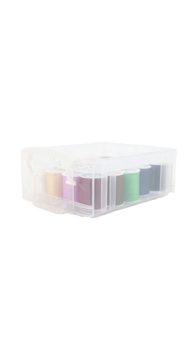 Sewing kit storage box with clear lid, stacked thread spools in pastel colors
