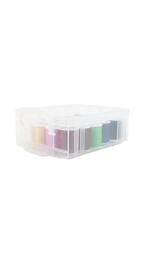 Sewing kit storage box with clear lid, stacked thread spools in pastel colors