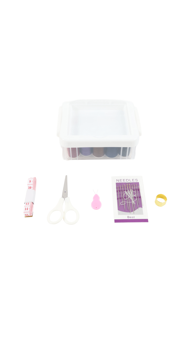 Sewing kit set with storage box and accessories: scissors, needle pack, thimble, and tape