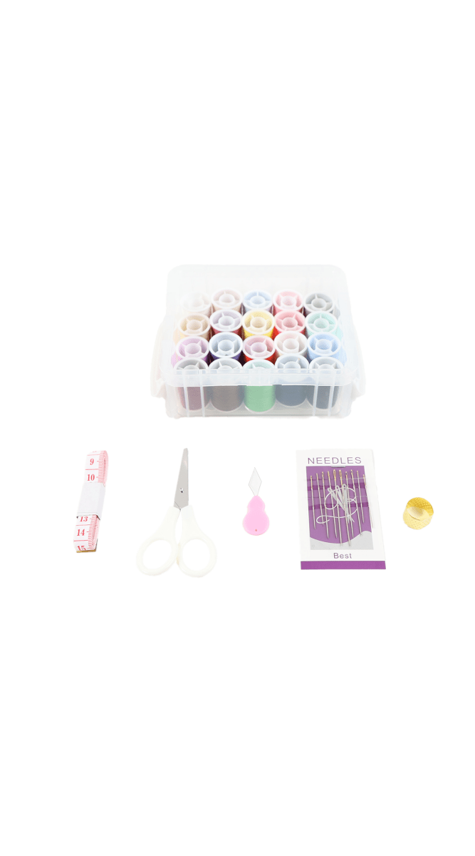 Sewing kit accessories with storage box: spools in rows, scissors, needle cards, thimble