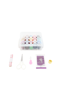 Sewing kit accessories with storage box: spools in rows, scissors, needle cards, thimble