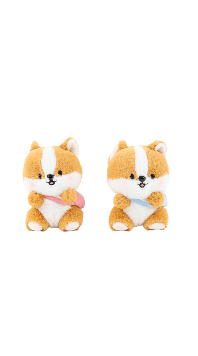Orange Shiba Inu plush keychain with white scarf and blue collar, front view
