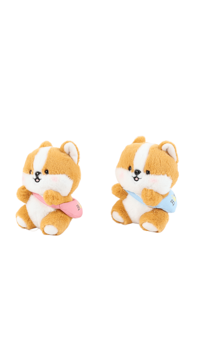 Orange Shiba Inu plush keychain with blue collar and tongue detail, side view