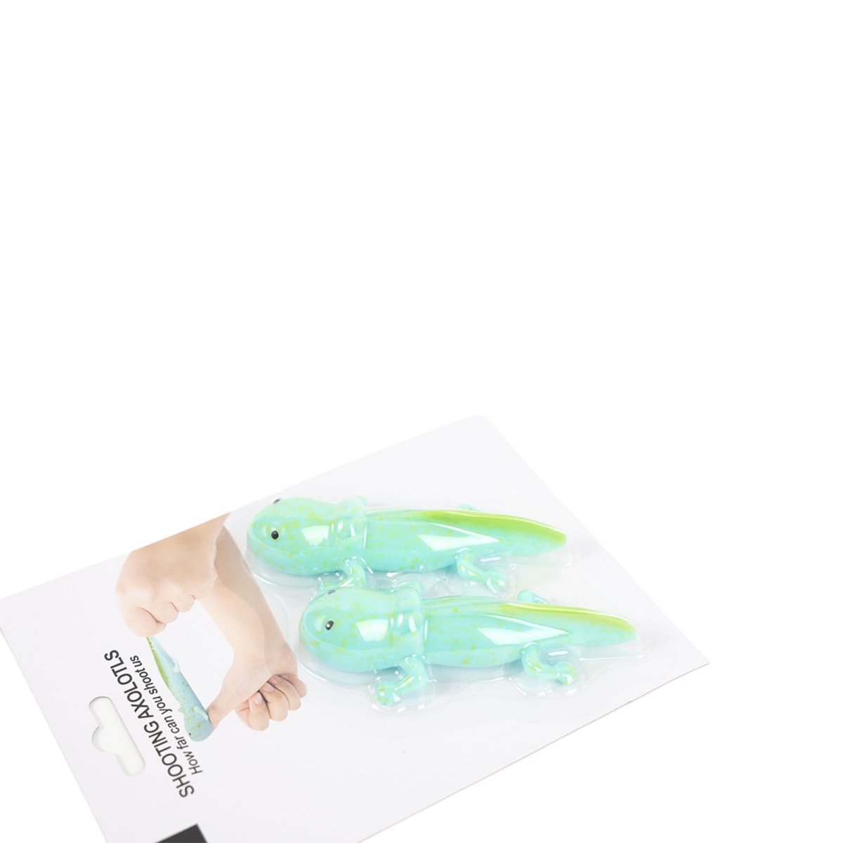 Axolotl stretch toy set with two mint green translucent axolotl toys shown in package