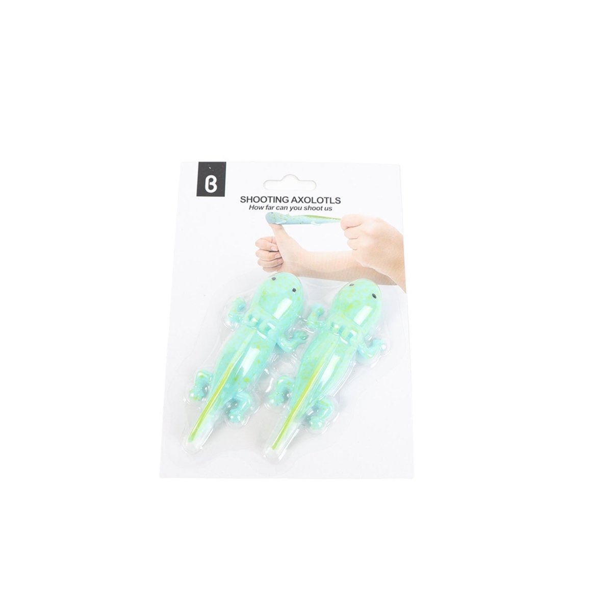 Axolotl stretch toy set blister pack with two mint green translucent axolotl figures