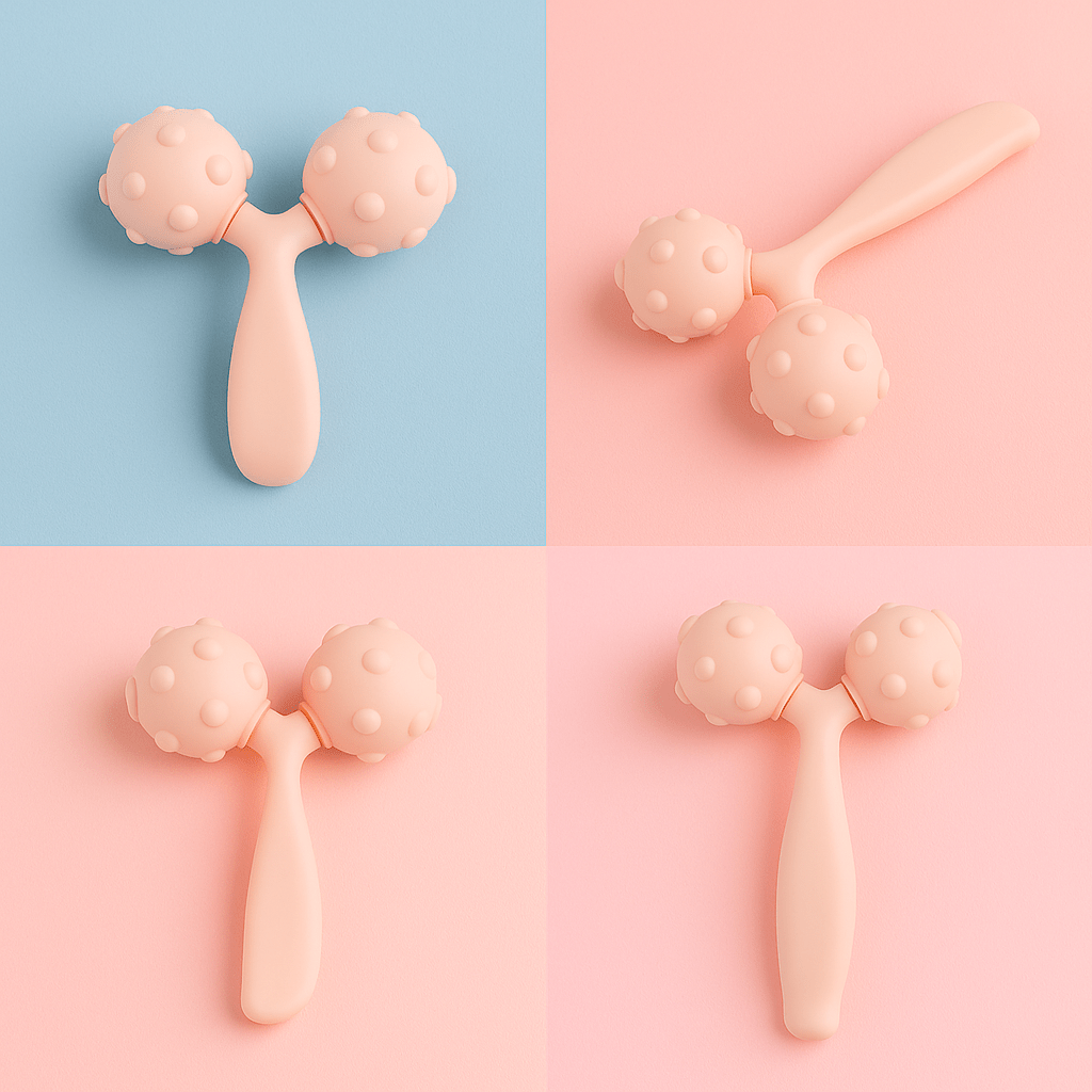 Silicone face roller with two ball heads on short handle, pink.