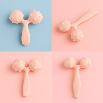 Silicone face roller with two ball heads on short handle, pink.