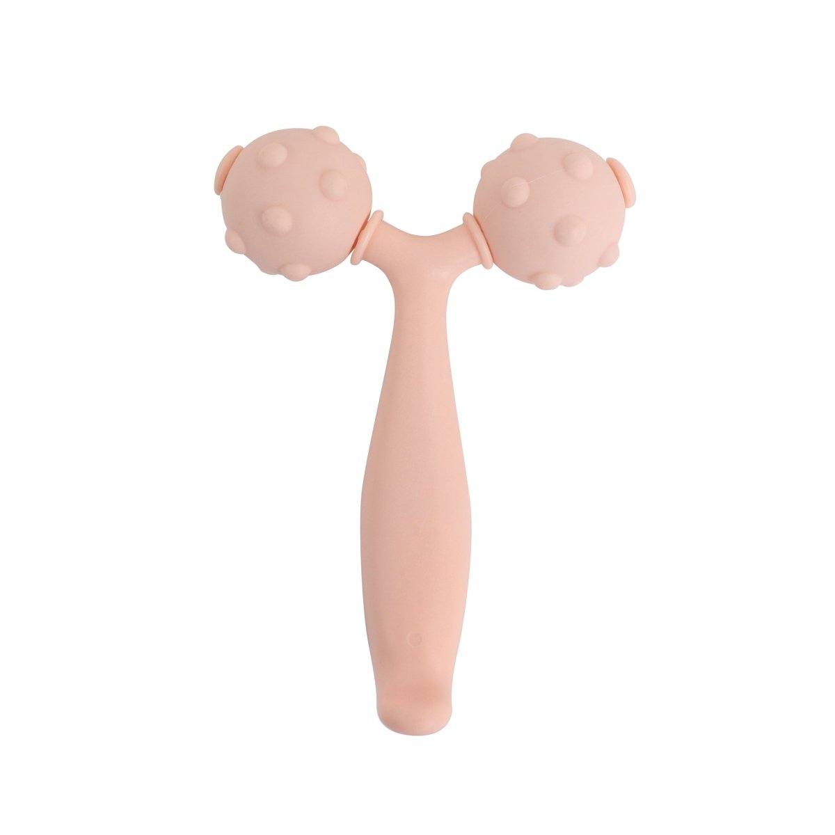 Three-ball silicone face roller with side heads and vertical handle, pink.