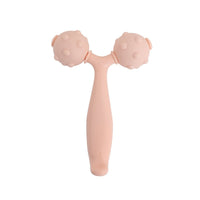 Three-ball silicone face roller with side heads and vertical handle, pink.