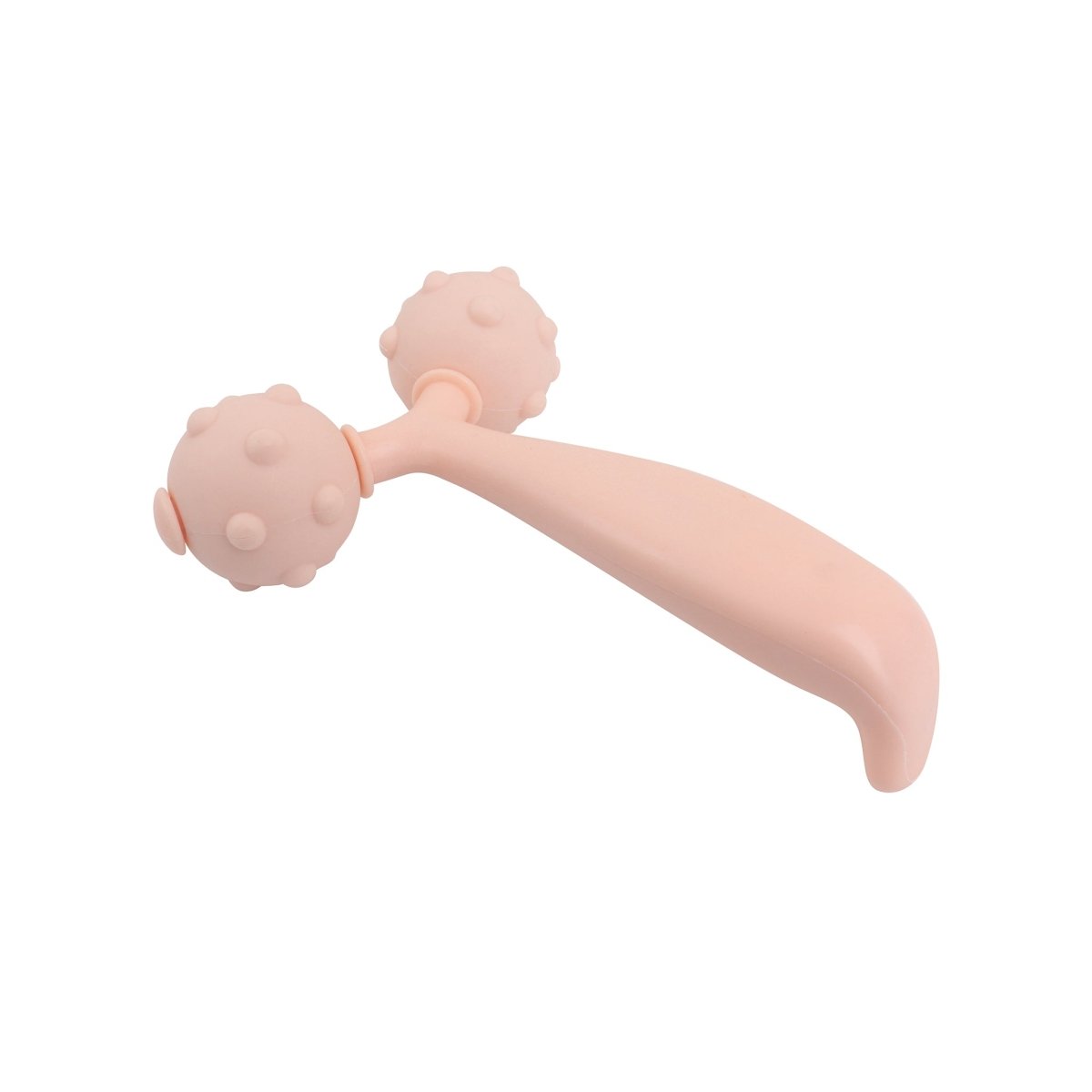 Silicone face roller with two ball heads on a curved handle, pink.