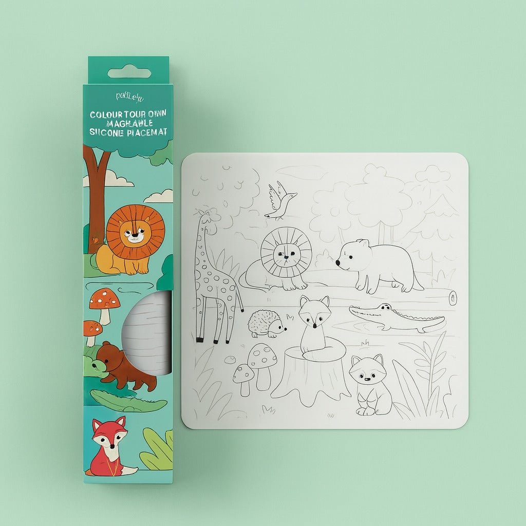 Washable silicone placemat with animal line-art scene on a gray surface