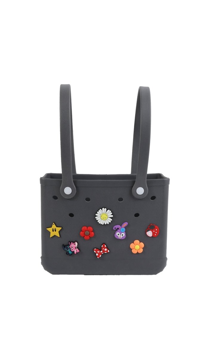 Dark gray silicone shower caddy with two side handles and colorful flower charms